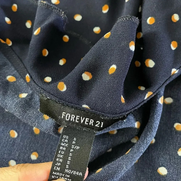 f21 blue wrap dress with orange polka dots ruffle trim - Picture 5 of 13